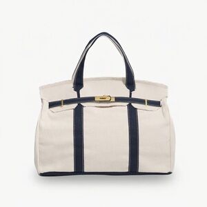 Cream and Navy Blue Canvas Tote Bag Boatkin